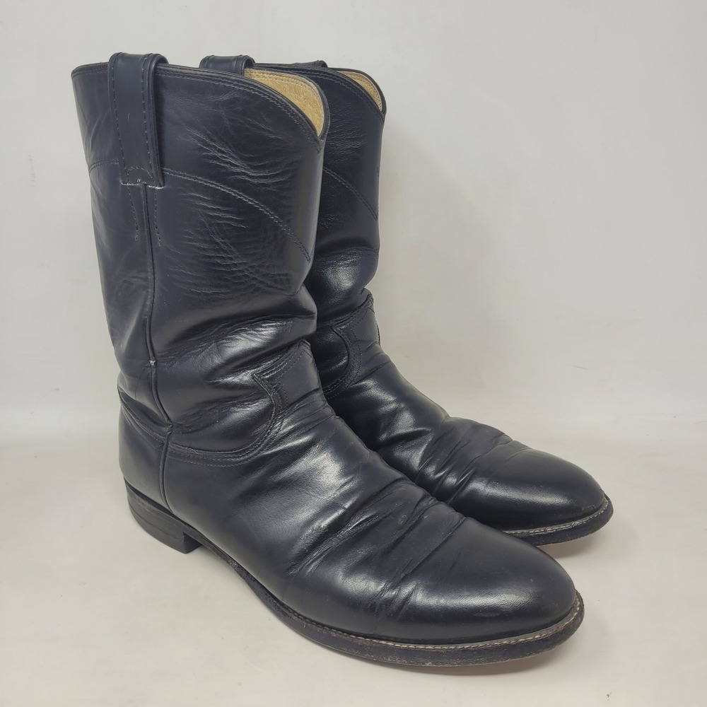 Vintage Justin Boots Mens 9.5B Black Leather Roper Western Cowboy 3133 Round Toe